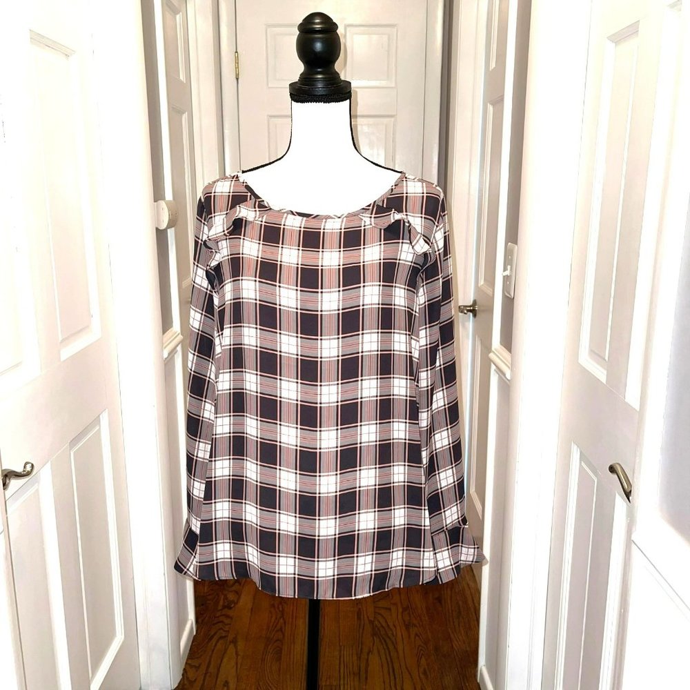 LOFT Outlet pink, black & White plaid ruffled shoulder blouse.